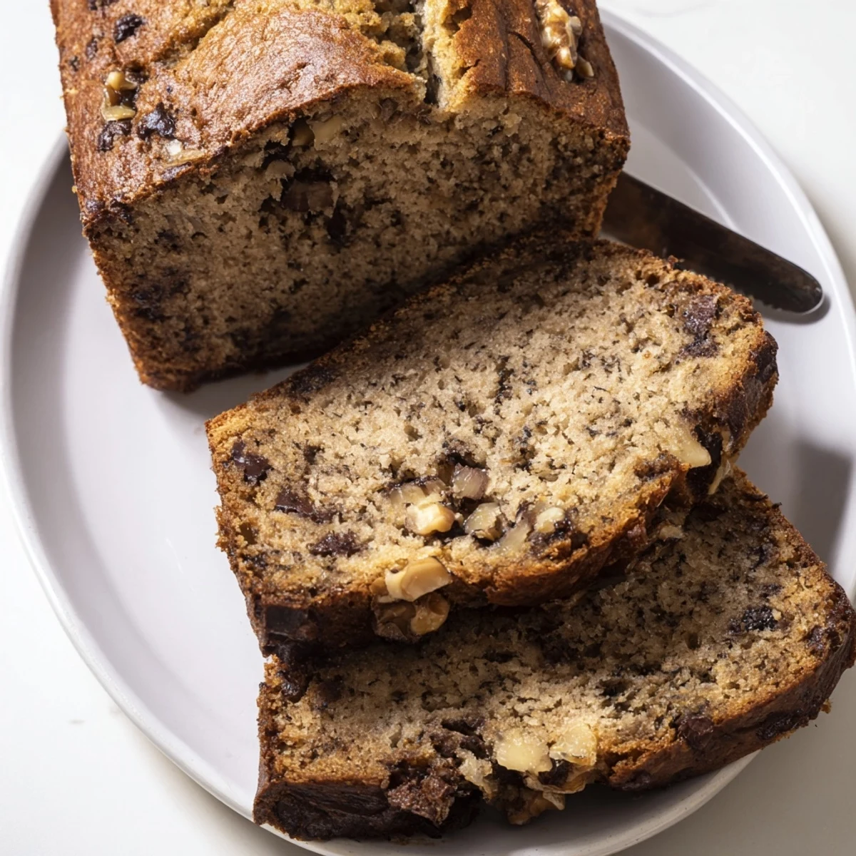 Thick slice of super moist banana bread served with melting butter spread