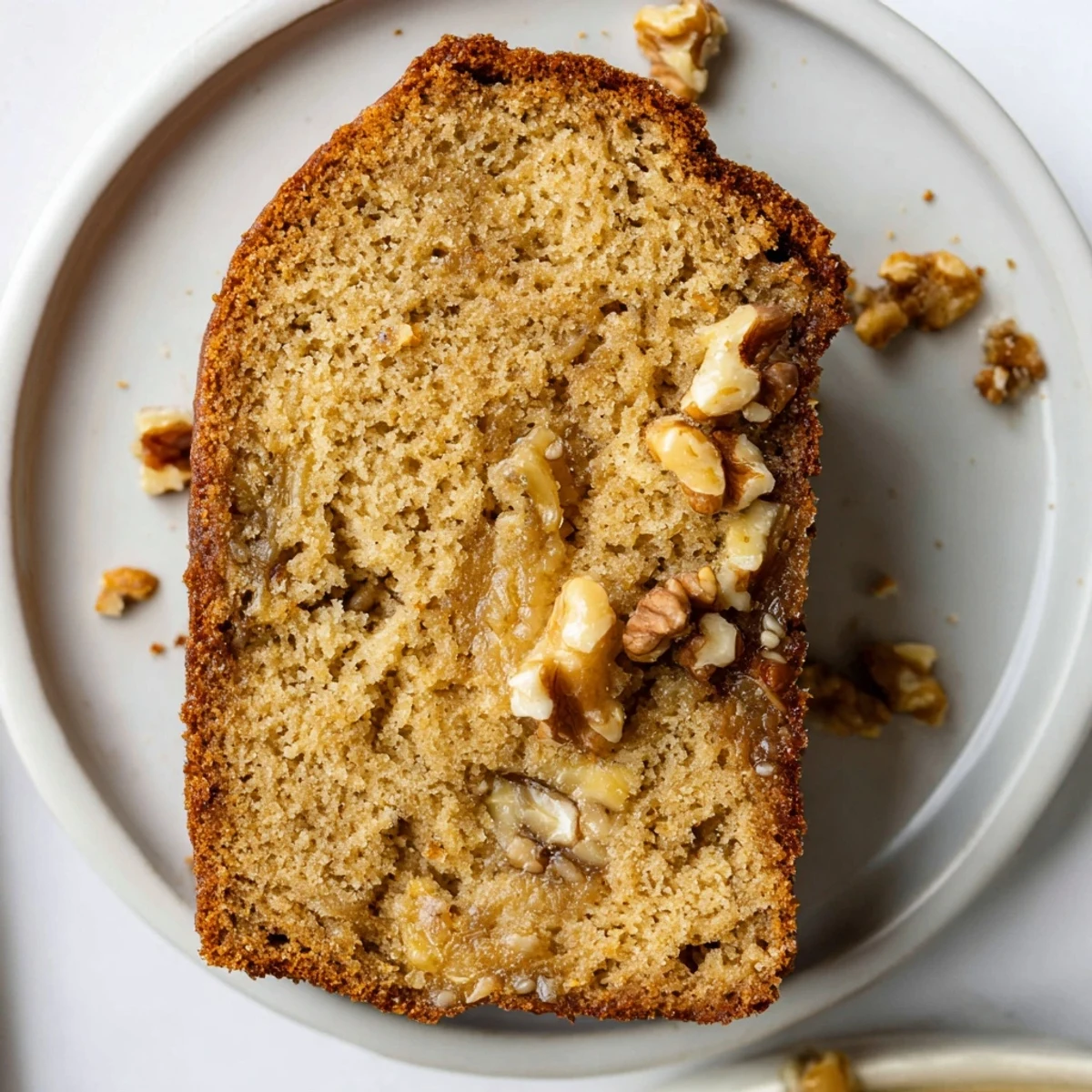 Moist banana nut bread loaf topped with crunchy walnuts fresh from the oven