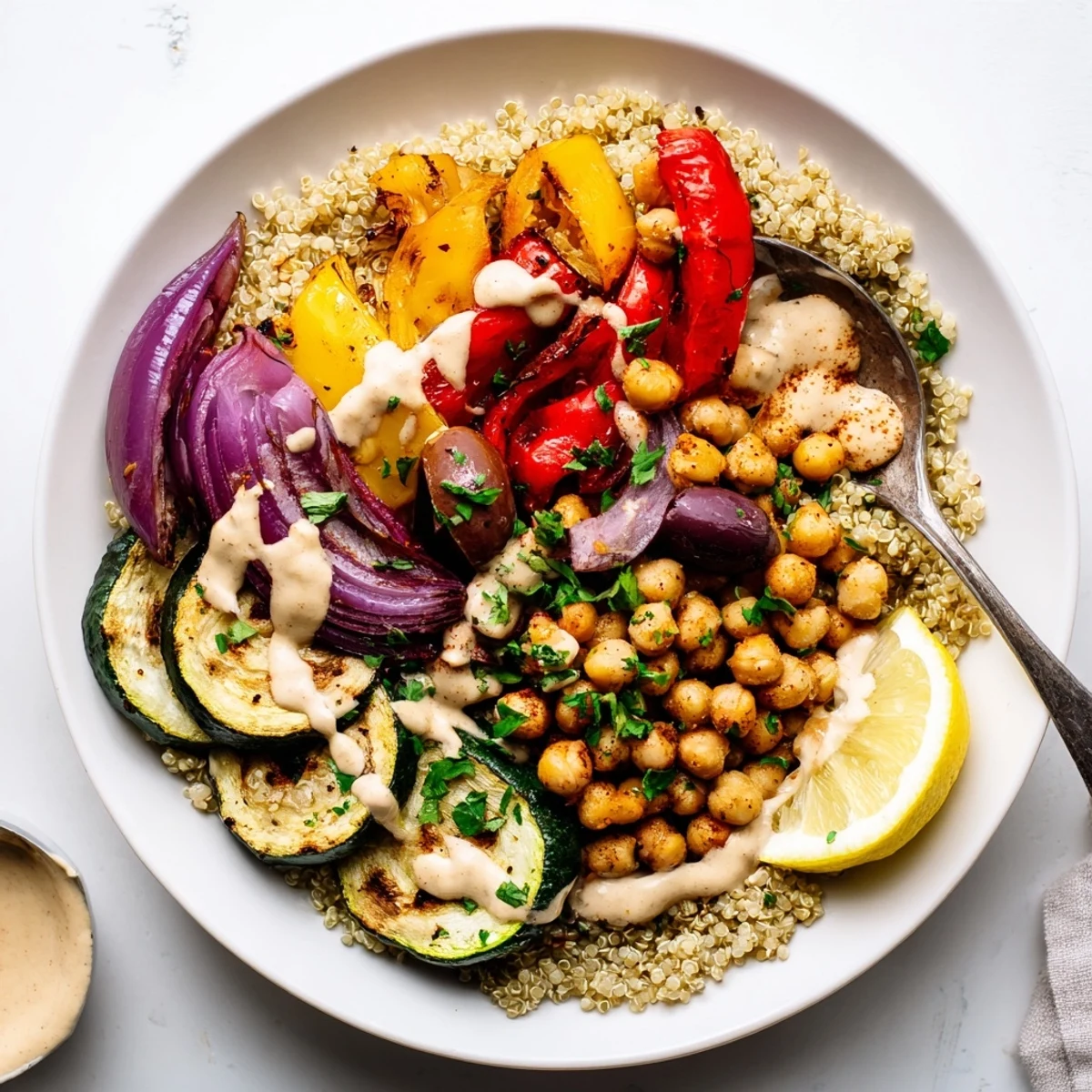 Golden roasted zucchini and eggplant in a vegan Mediterranean roasted vegetables bowl drizzled with creamy tahini dressing