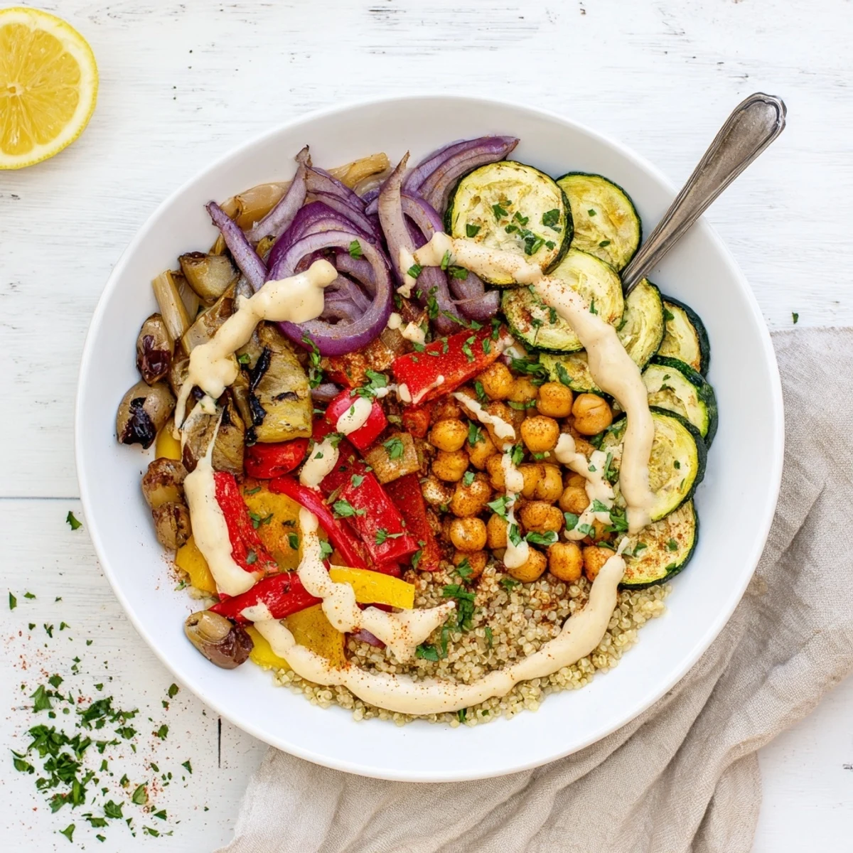 Warm vegan Mediterranean roasted vegetables bowl topped with tender chickpeas fresh parsley and kalamata olives