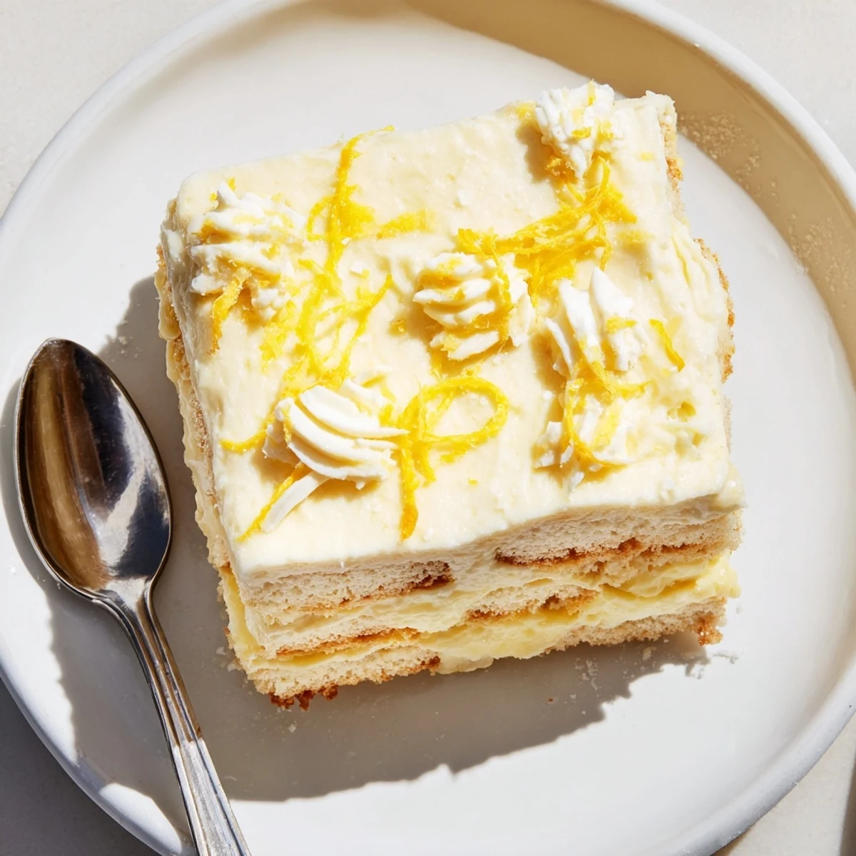 No-bake lemon tiramisu sliced into squares topped with white chocolate curls
