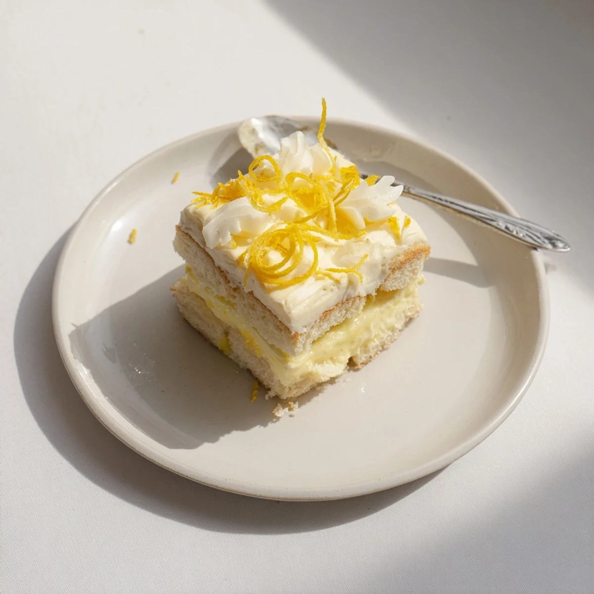 Chilled lemon tiramisu in a glass dish garnished with bright citrus zest