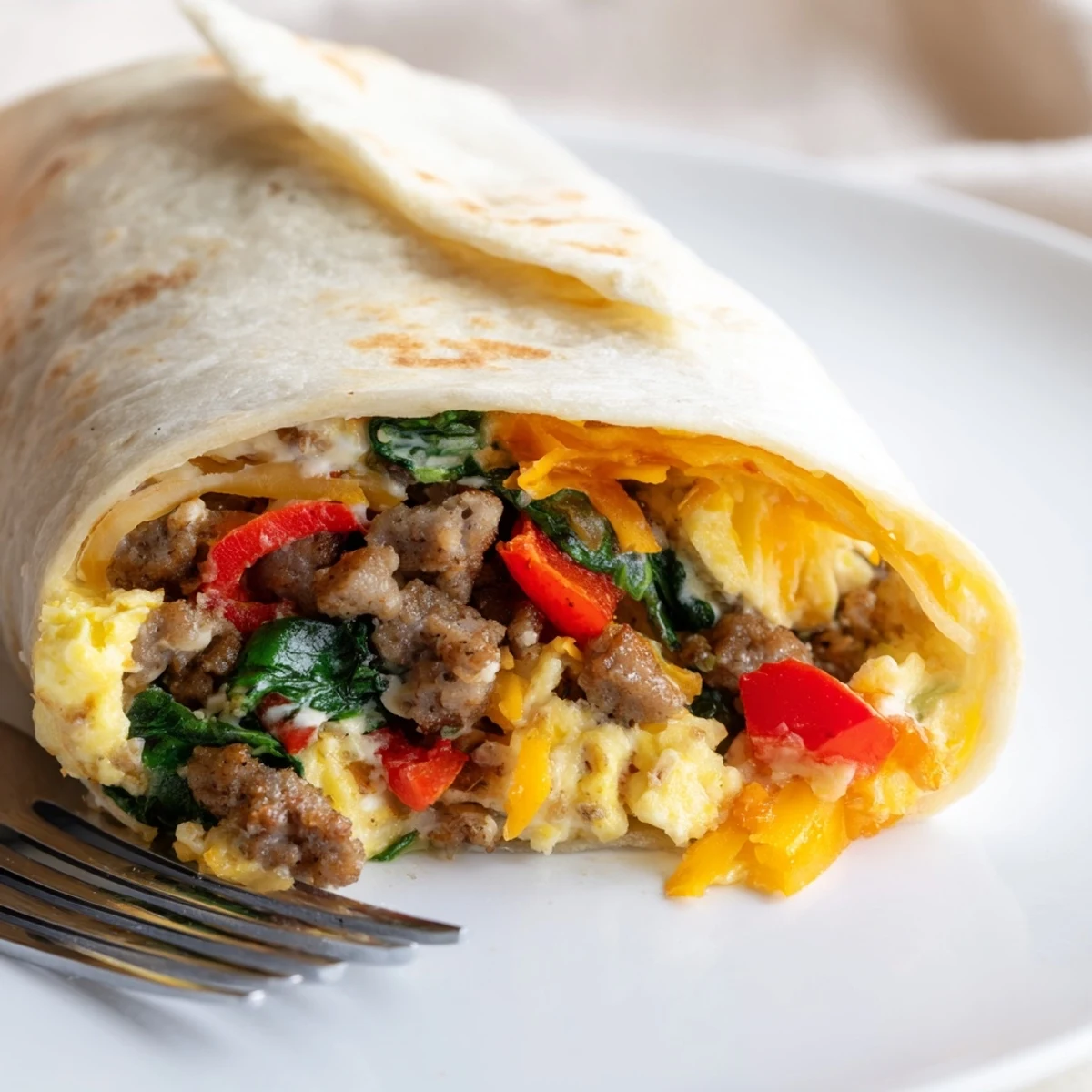 Warm freezer breakfast burritos filled with scrambled eggs, sausage, and melted cheddar