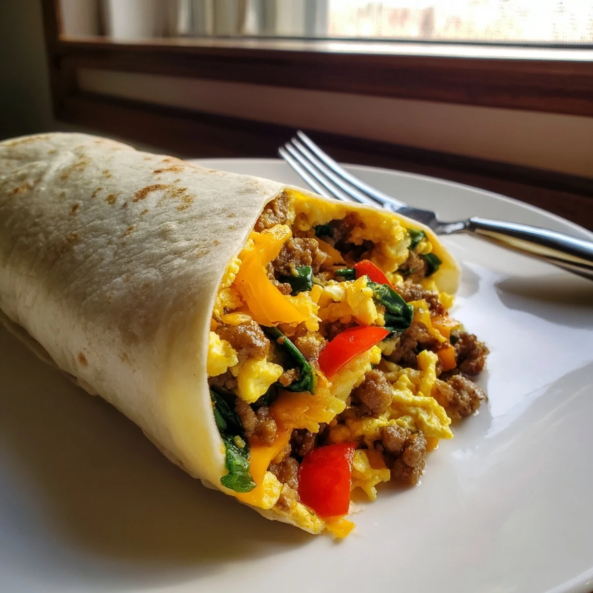 Golden rolled freezer breakfast burritos packed with peppers, spinach, and cheesy eggs