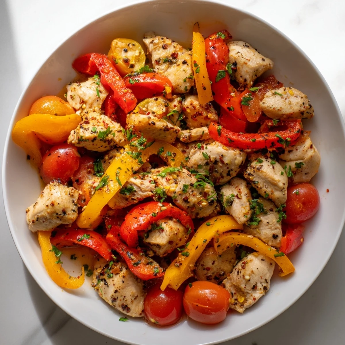 Tender chicken alongside zucchini and cherry tomatoes in a quick flavorful one pan dish