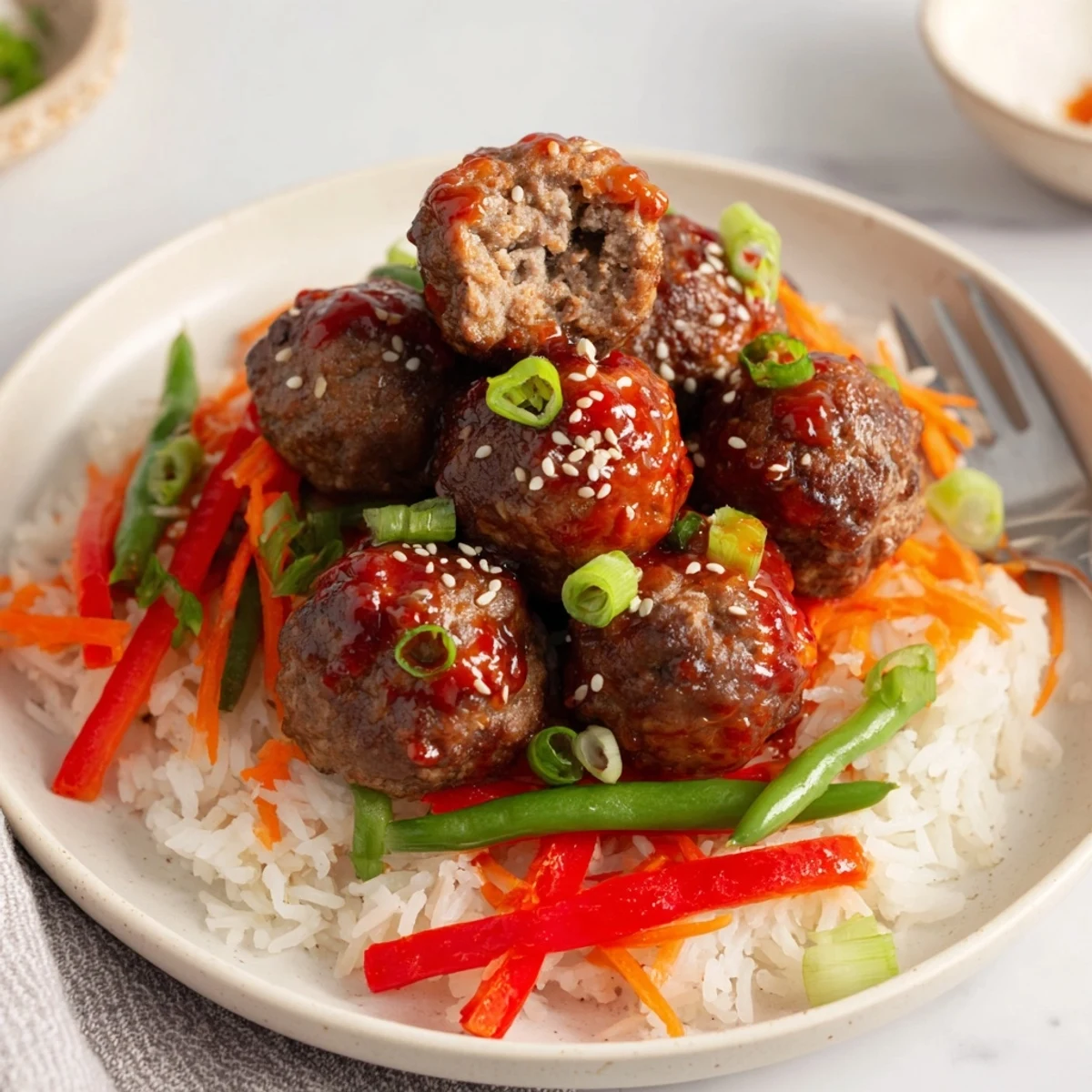 Plate of Hello Fresh Firecracker Meatballs with crisp sautéed vegetables, sesame garnish.