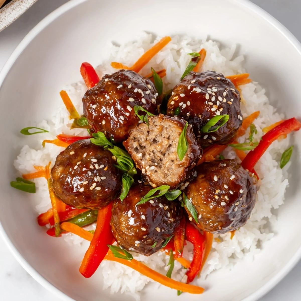 Hello Fresh Firecracker Meatballs glazed in glossy spicy-sweet sauce over jasmine rice.