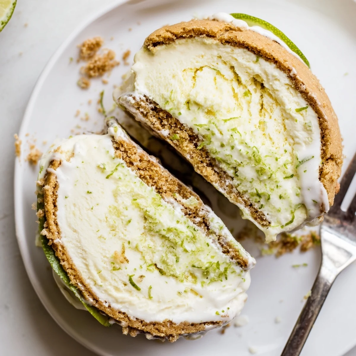 Key Lime Pie Ice Cream Sandwiches on parchment, zesty lime filling and golden graham