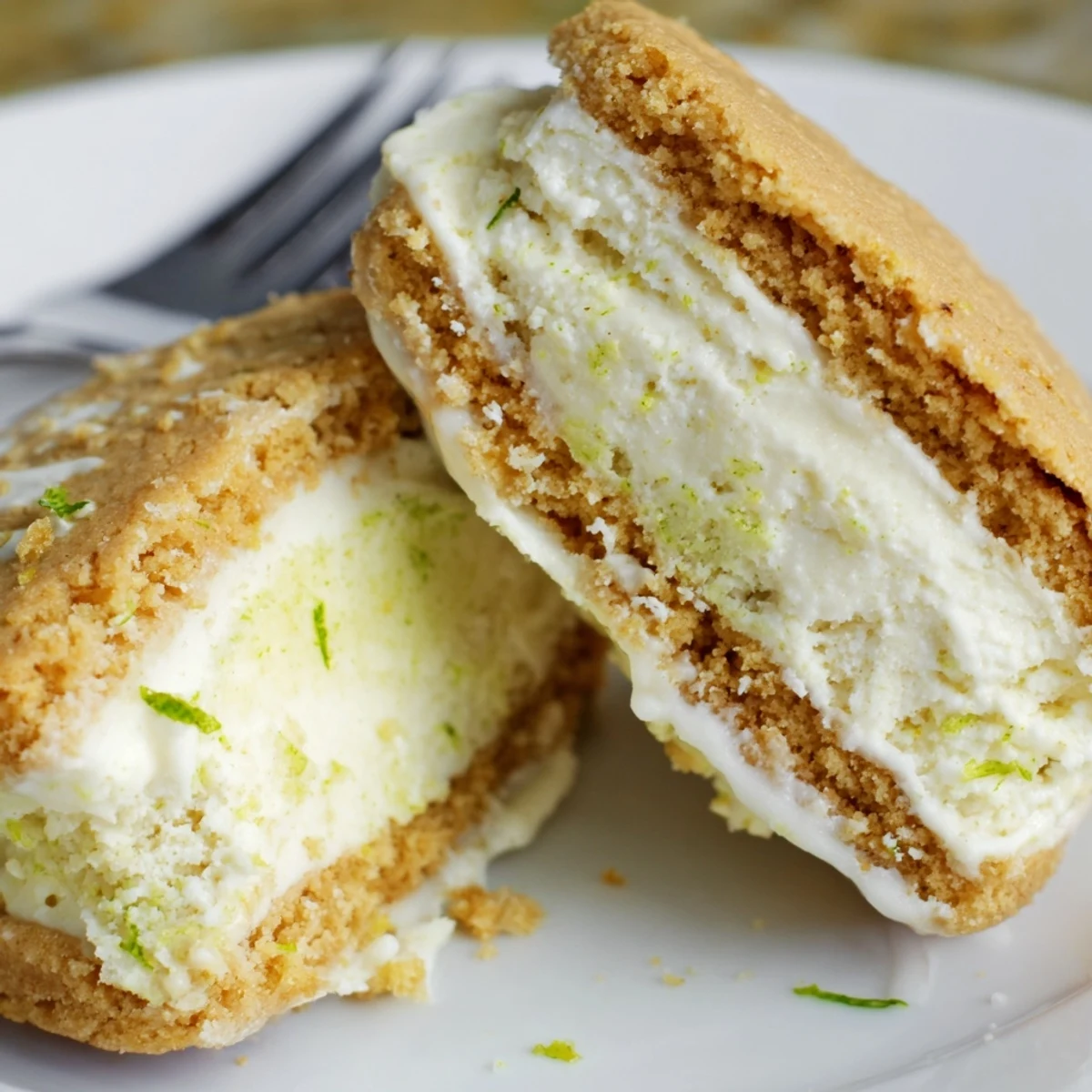 Stacked Key Lime Pie Ice Cream Sandwiches, crisp cookies hugging tart lime ice cream
