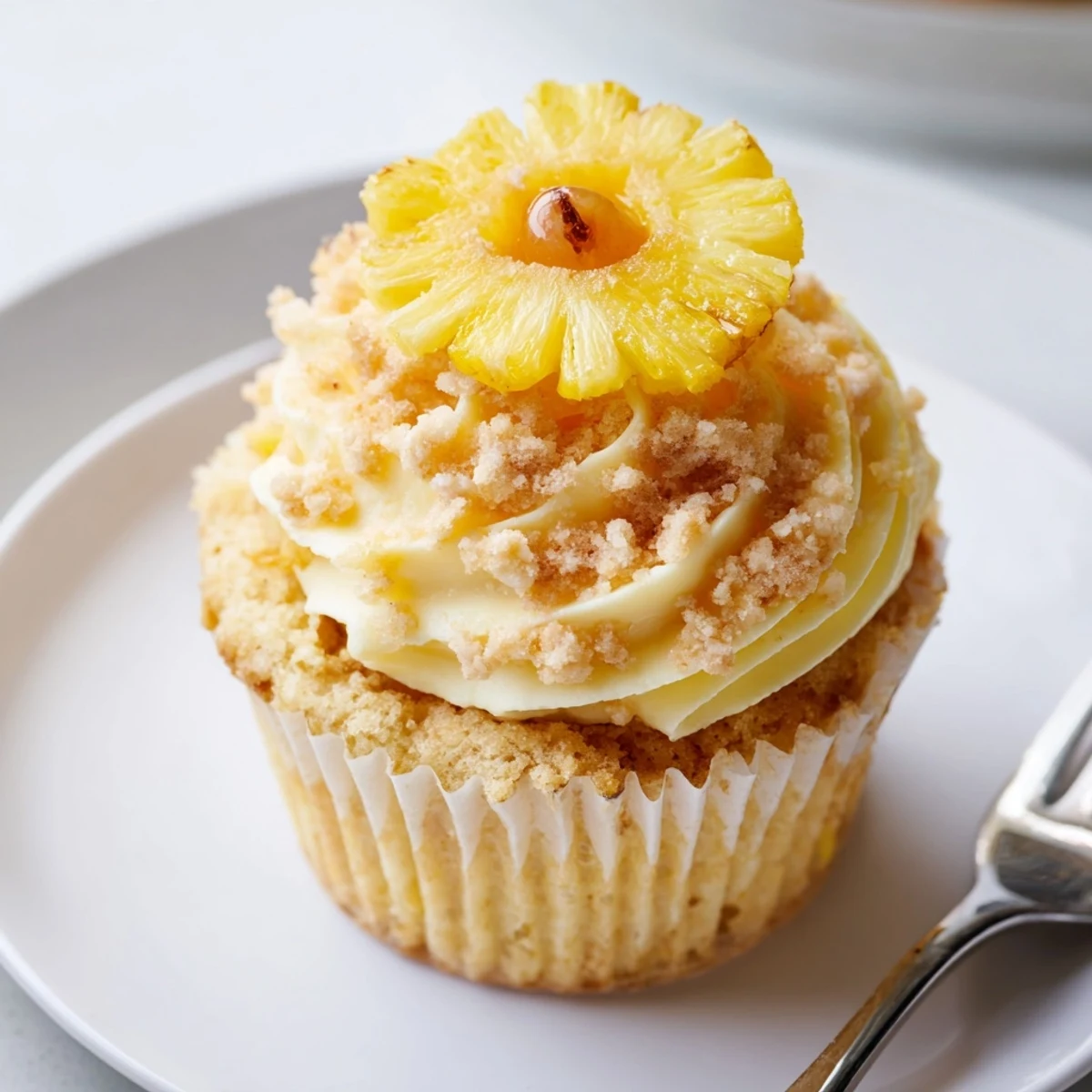 Dole Whip Cupcakes Recipe topped with fluffy pineapple frosting and cherry garnish