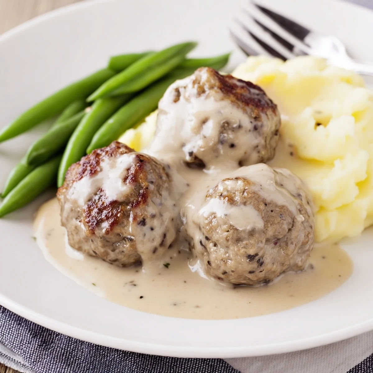 Homemade Ikea Meatballs simmering in creamy gravy, served over mashed potatoes