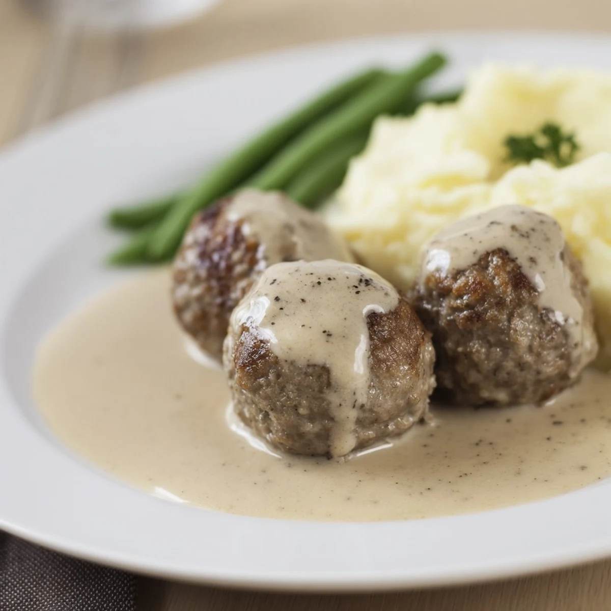 Warm Homemade Ikea Meatballs coated in silky cream sauce, ready to serve