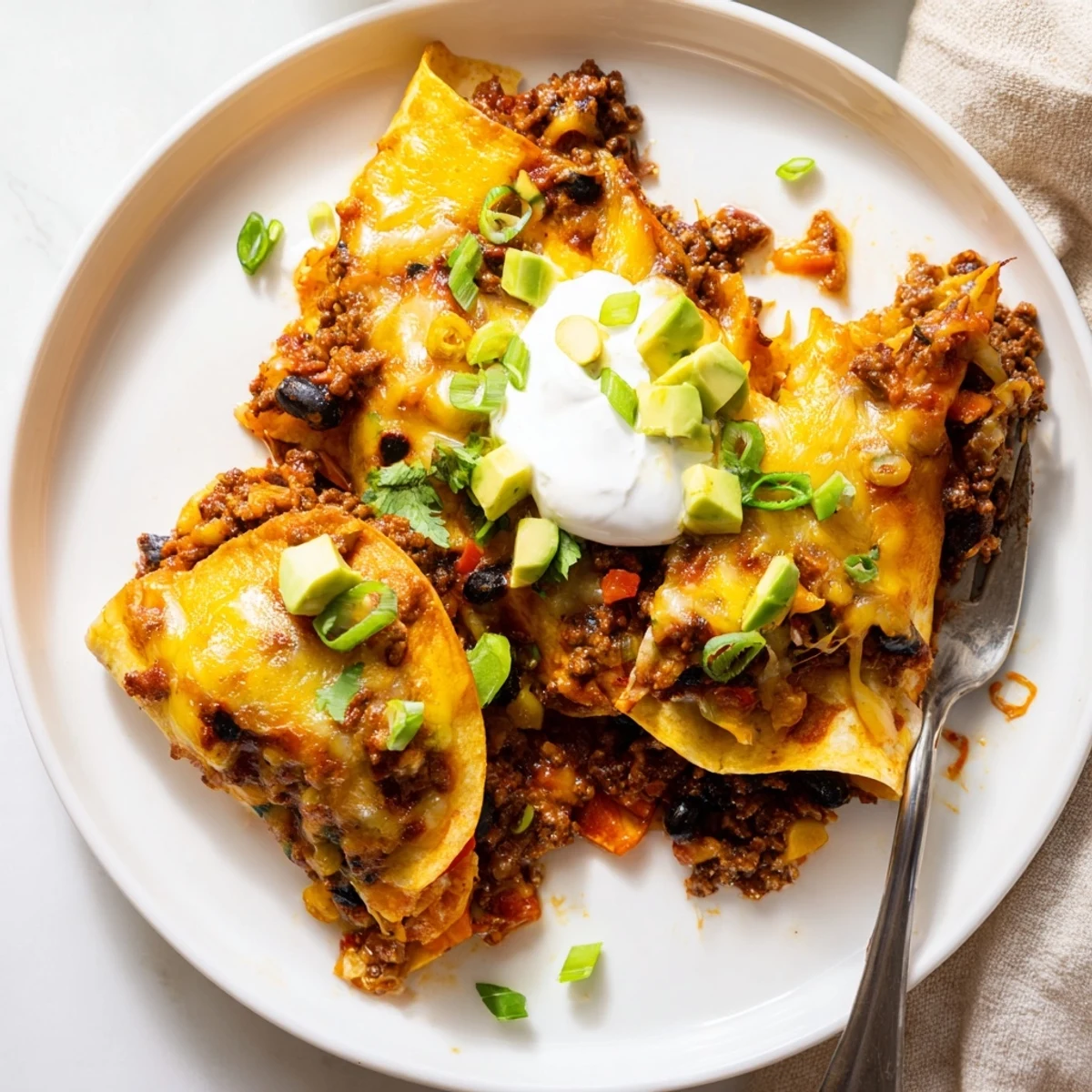 Hearty Beef Skillet Enchiladas layered with corn tortillas, black beans, and cilantro