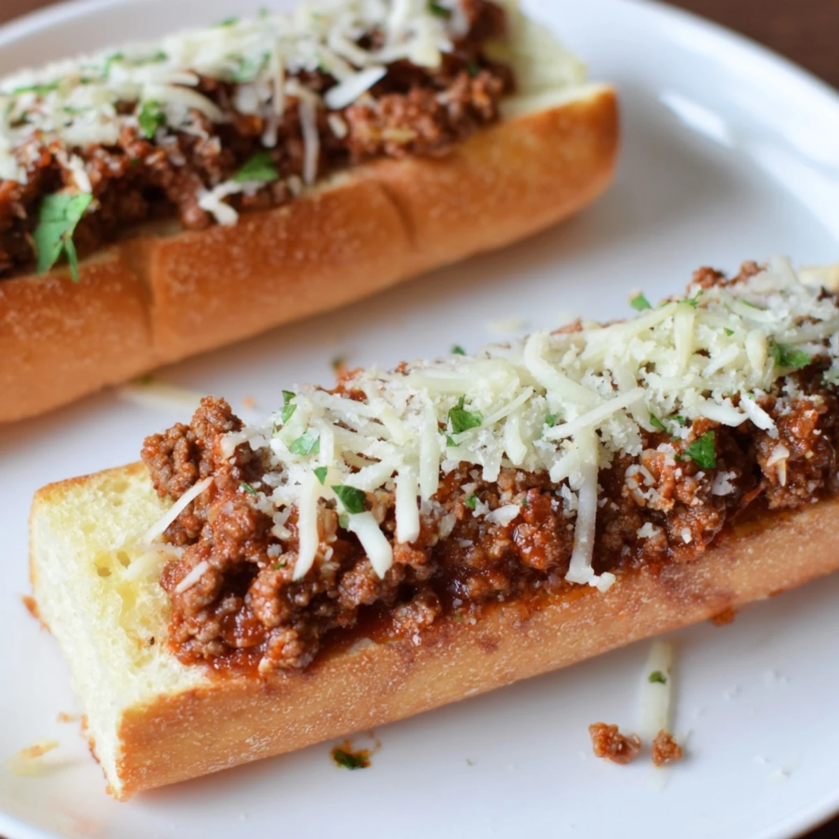 Warm Garlic Bread Sloppy Joes sliced for sharing, aromatic garlic and melted cheese