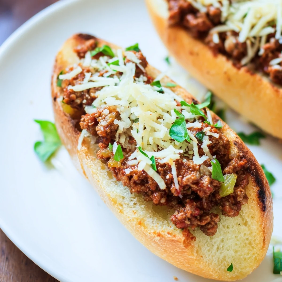 Messy, flavor-packed Garlic Bread Sloppy Joes served hot with crisp green salad