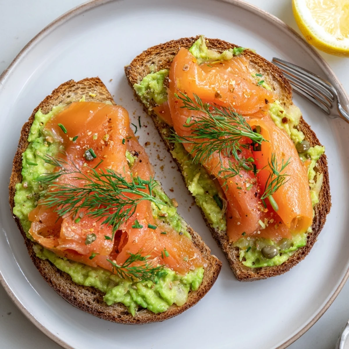 Salmon Avocado Toast with silky smoked salmon, creamy avocado, lemon wedge.