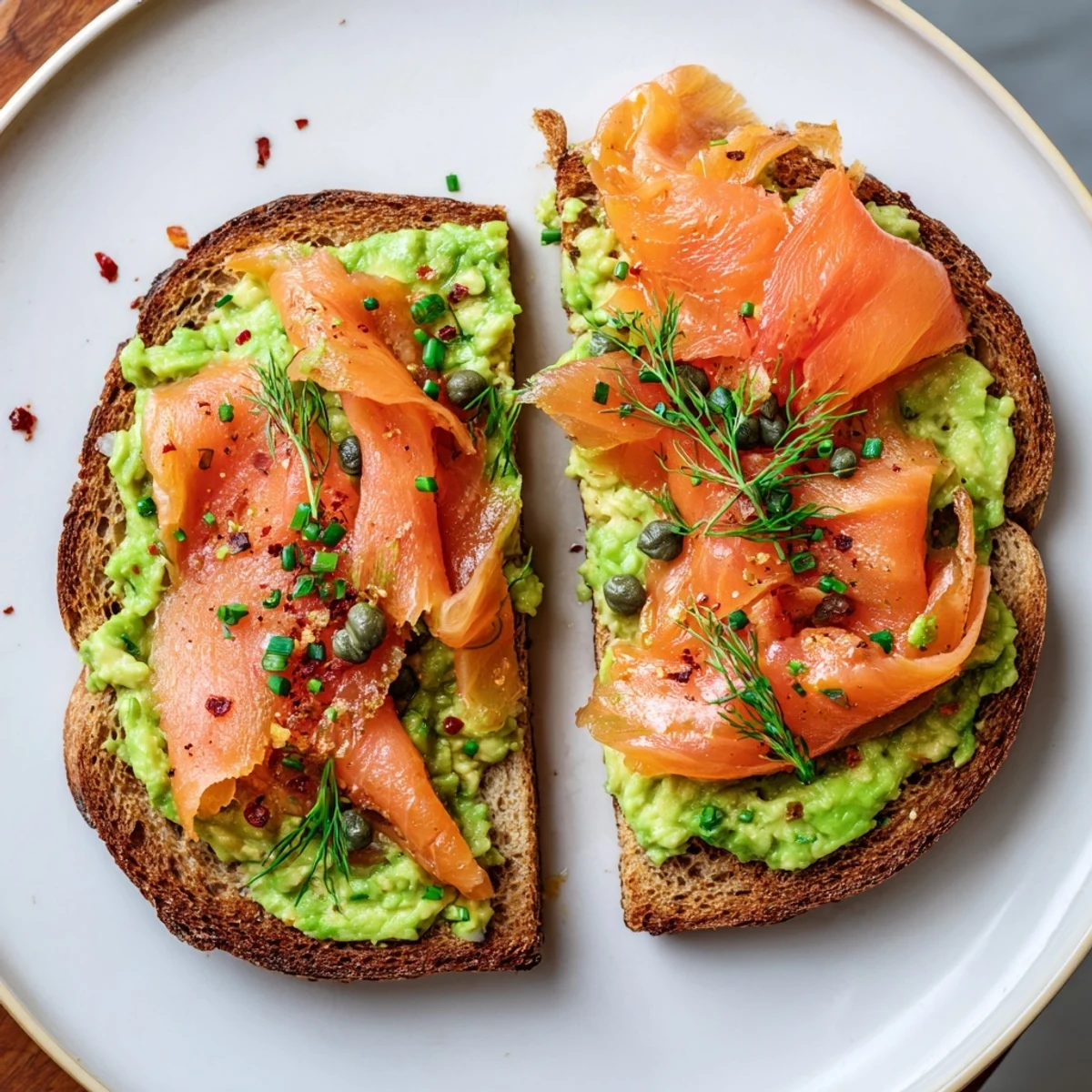 Hearty Salmon Avocado Toast on toasted sourdough, bright lemon and dill.
