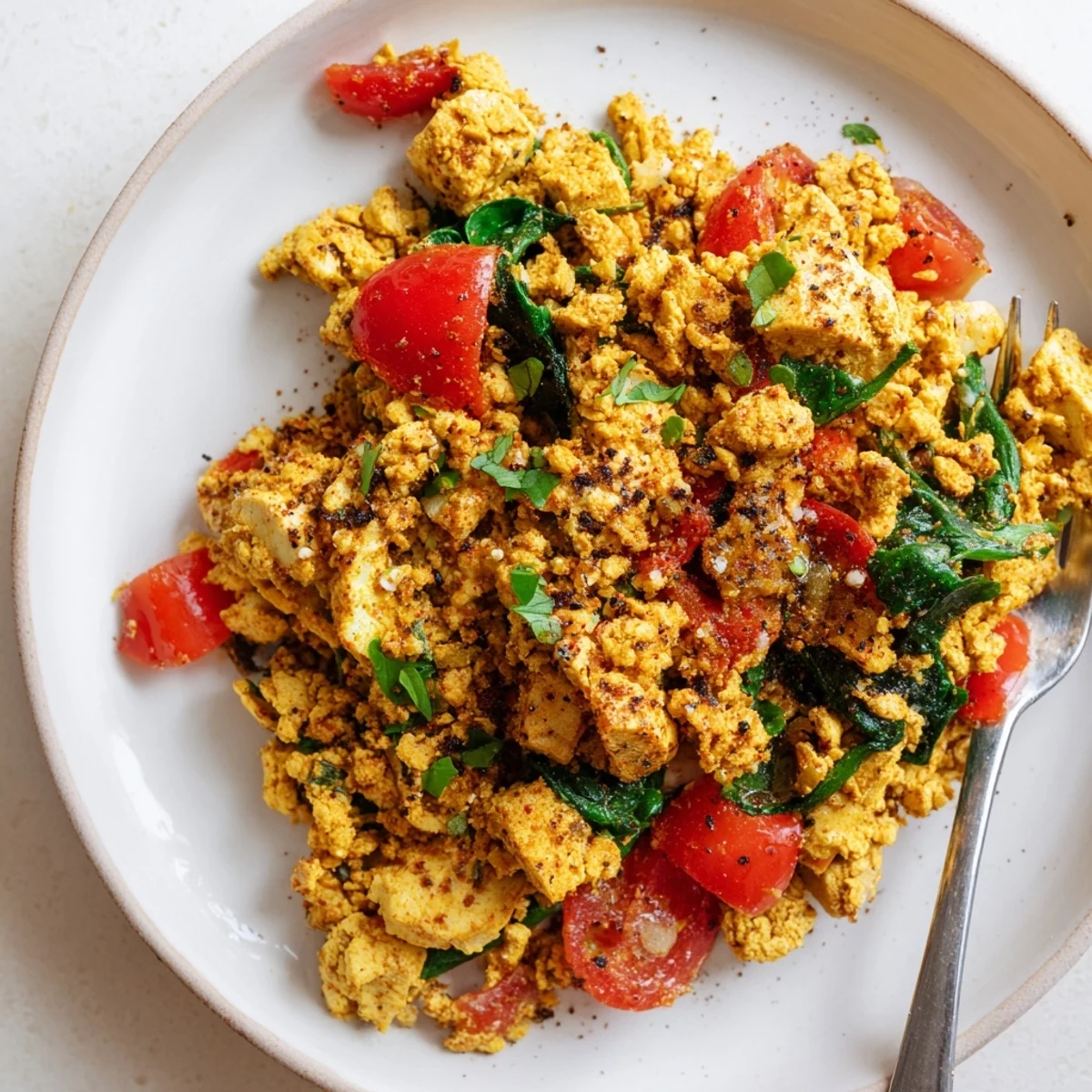 Tofu Scramble sizzling with turmeric, peppers, and wilted spinach in a skillet