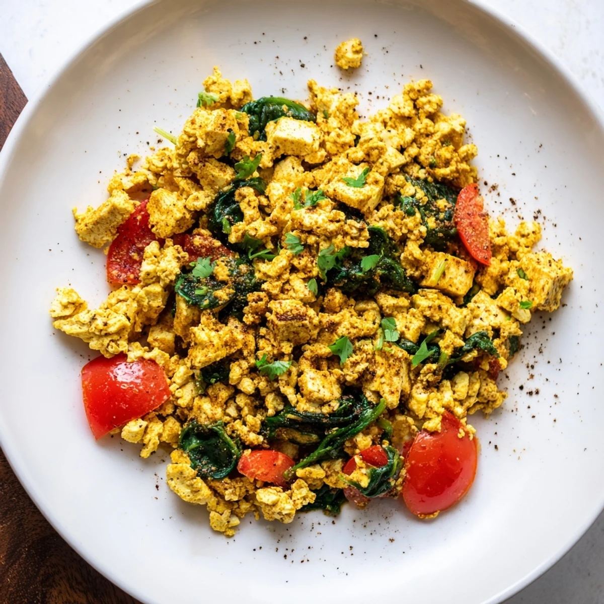 Bright Tofu Scramble with red bell pepper, cumin aroma, great for wraps