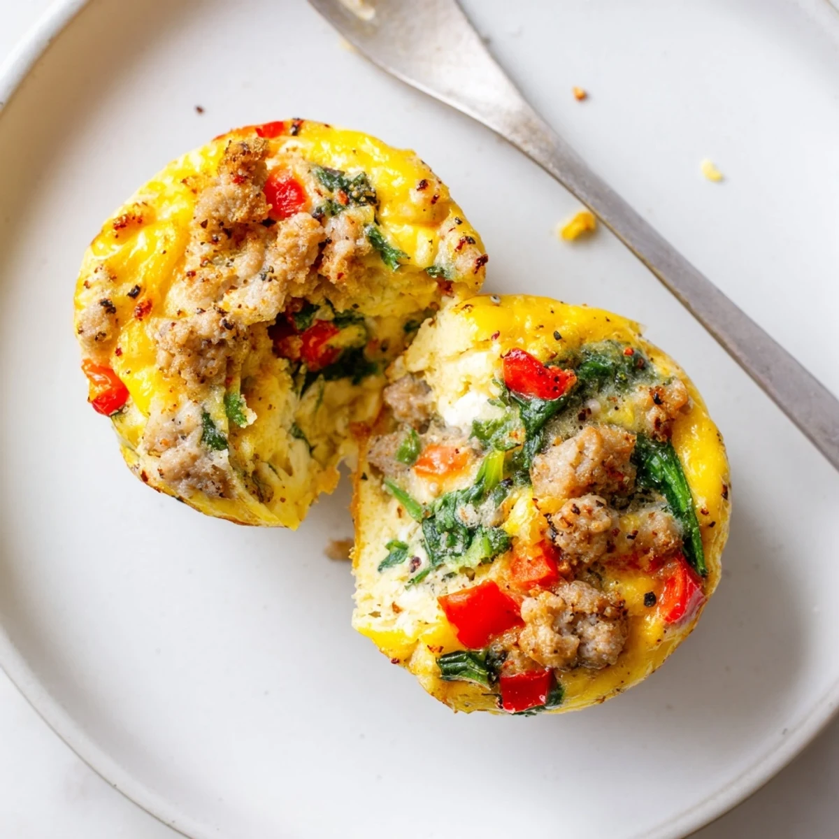 Turkey Sausage Egg Muffins served with fresh spinach and melted cheddar.