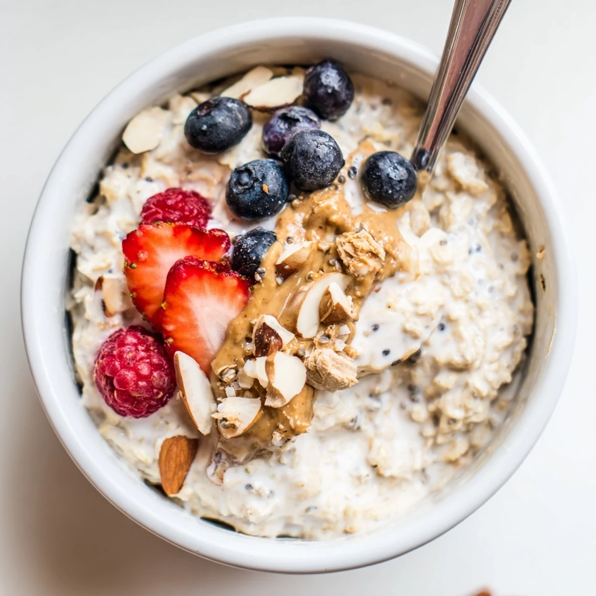 Glass jar of Protein Overnight Oats chilling, speckled with chia and vanilla