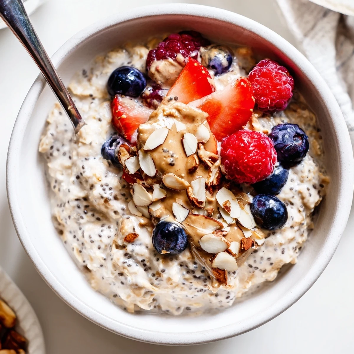 Hearty Protein Overnight Oats served cold, drizzled with maple and nut butter