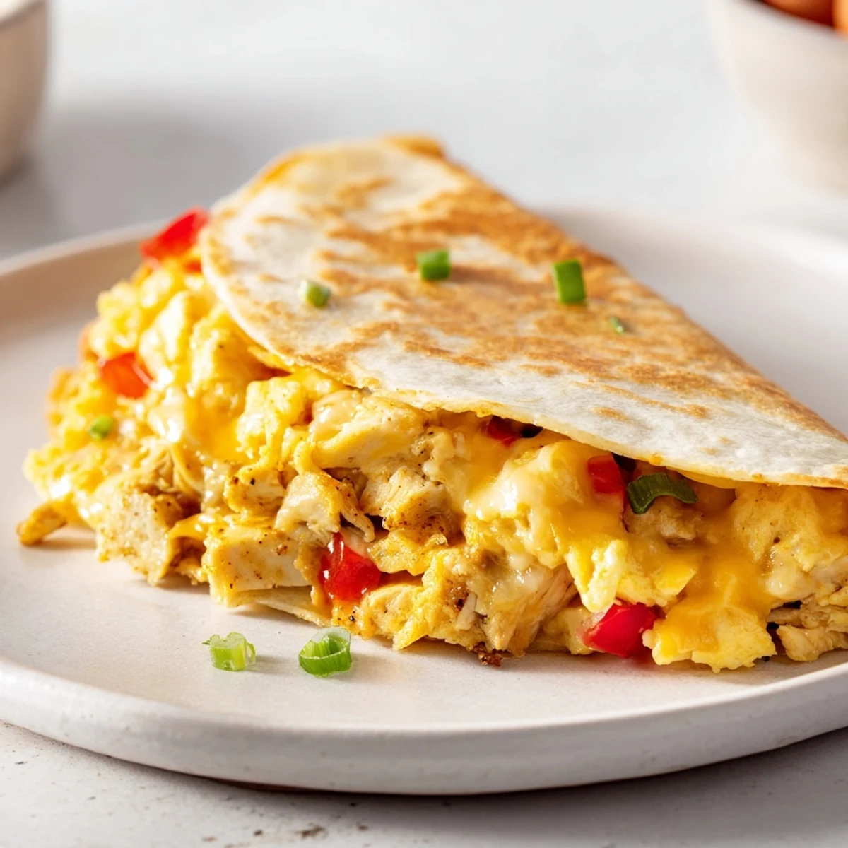 Hearty Chicken Breakfast Quesadilla loaded with scrambled eggs and melted cheese