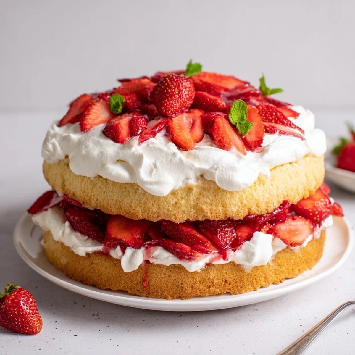 Strawberries And Cream Sponge Cake with pillowy layers, glossy berries, chilled for serving