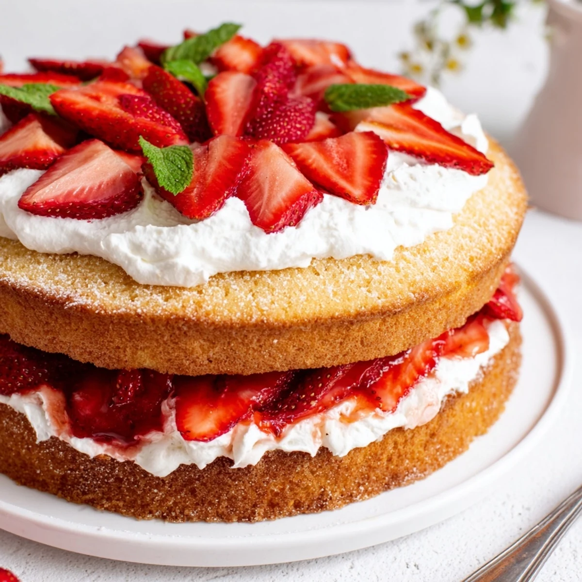 A slice of Strawberries And Cream Sponge Cake on vintage plate, whipped cream peeking