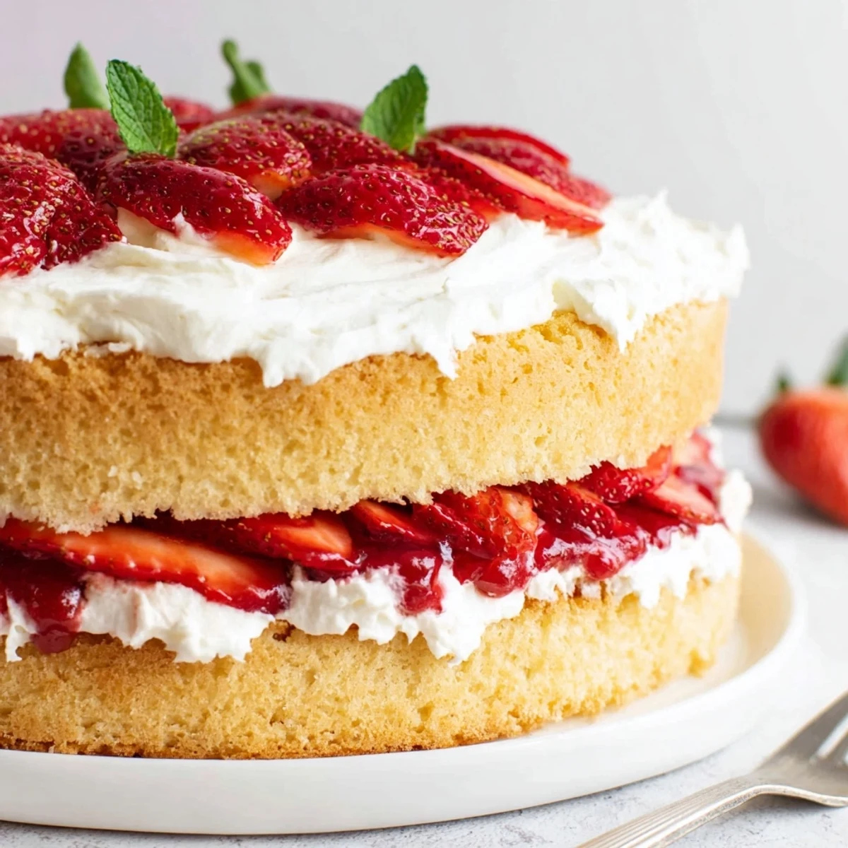 Lightly dusted Strawberries And Cream Sponge Cake, fragrant vanilla sponge and fresh mint