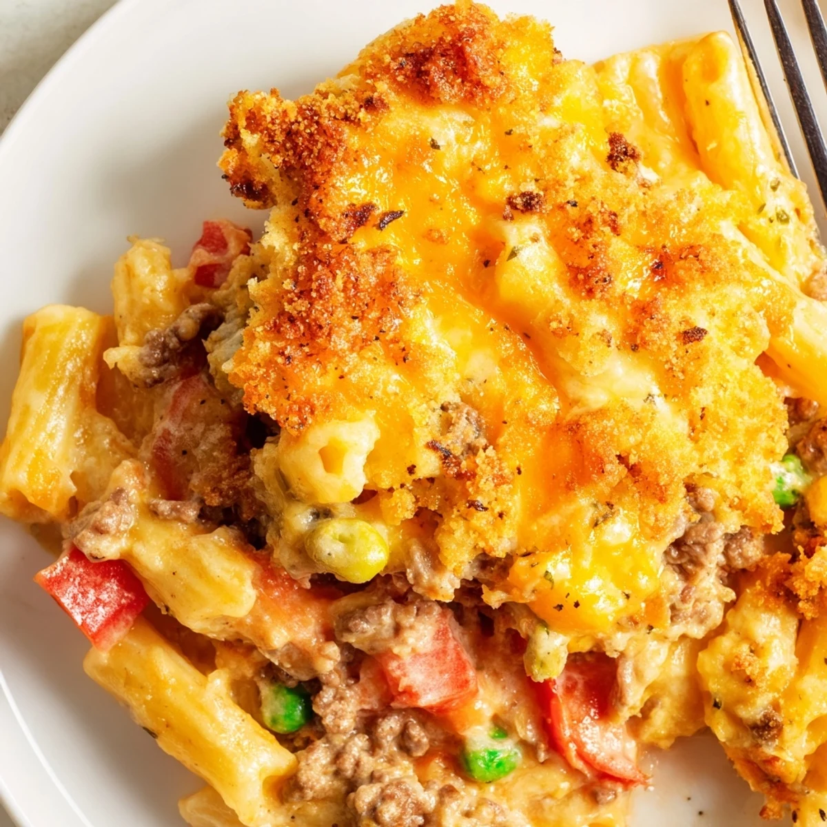 Hearty Cheesy Baked Casserole bubbling golden with gooey cheese and herbs