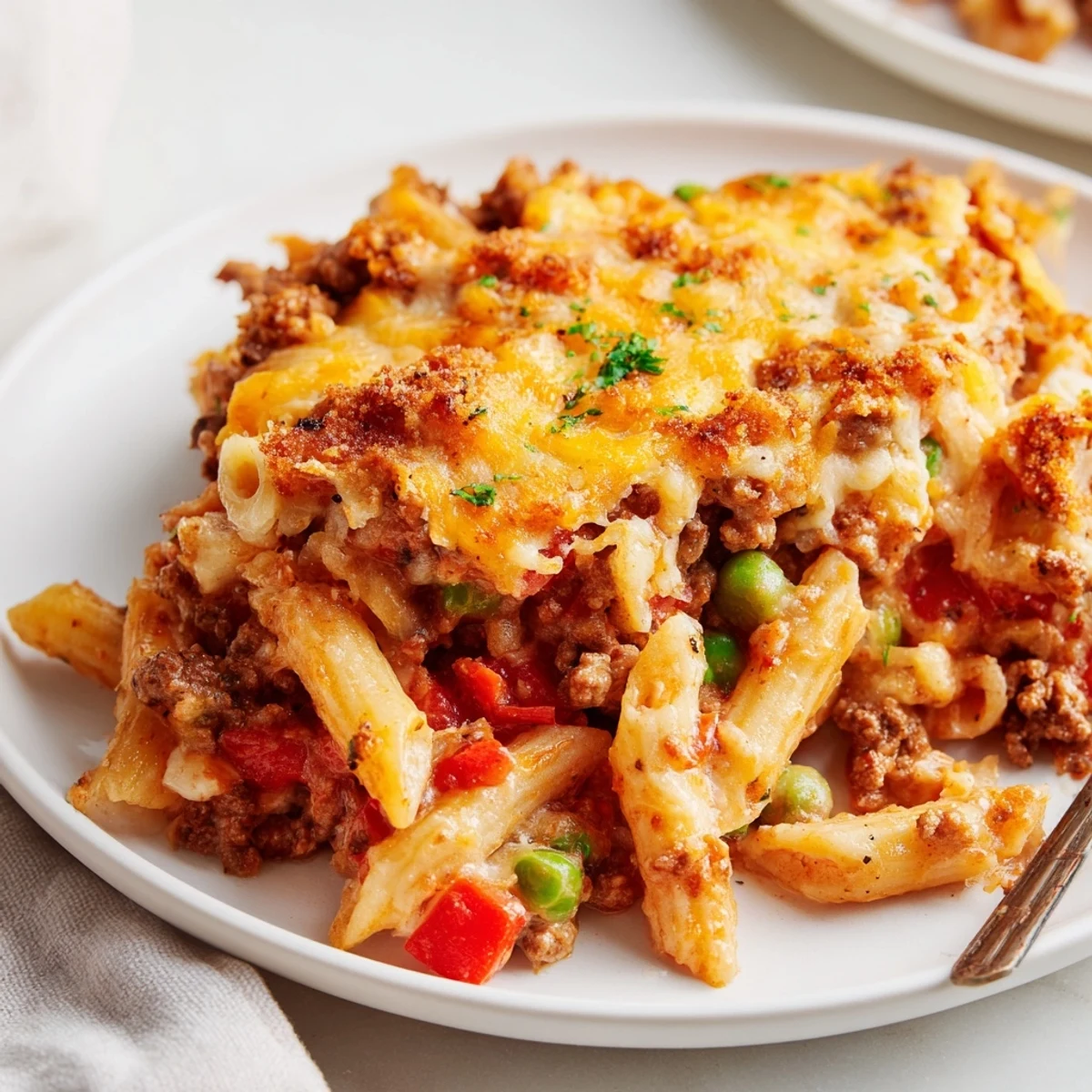 Warm Hearty Cheesy Baked Casserole served steaming with crusty bread and salad