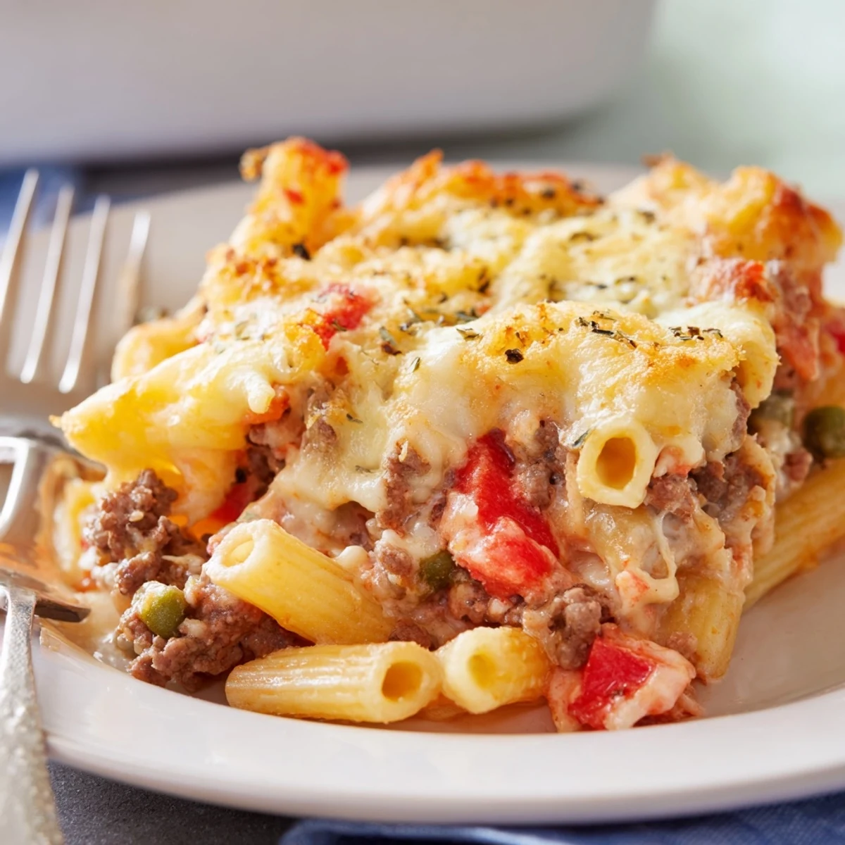A spoonful of Hearty Cheesy Baked Casserole showing browned top and pasta
