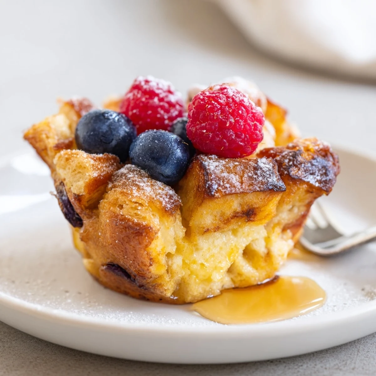 Warm Baked French Toast Cups topped with fresh berries and powdered sugar
