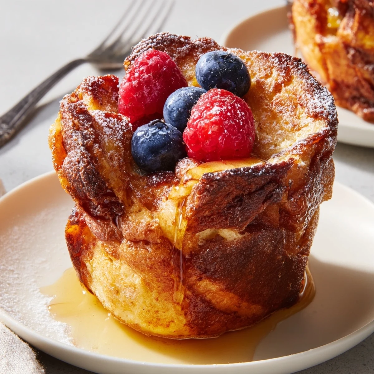 Baked French Toast Cups with golden crust, fluffy centers, maple syrup drizzle