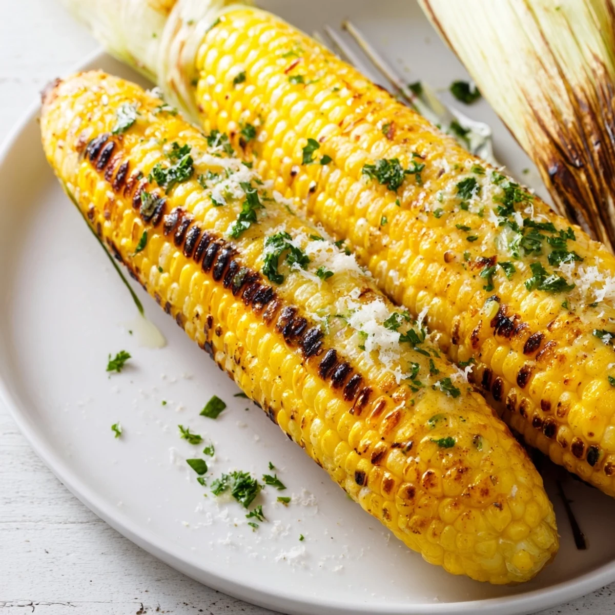 Grilled Garlic Parmesan Corn On The Cob brushed with garlicky butter, smoky char.  