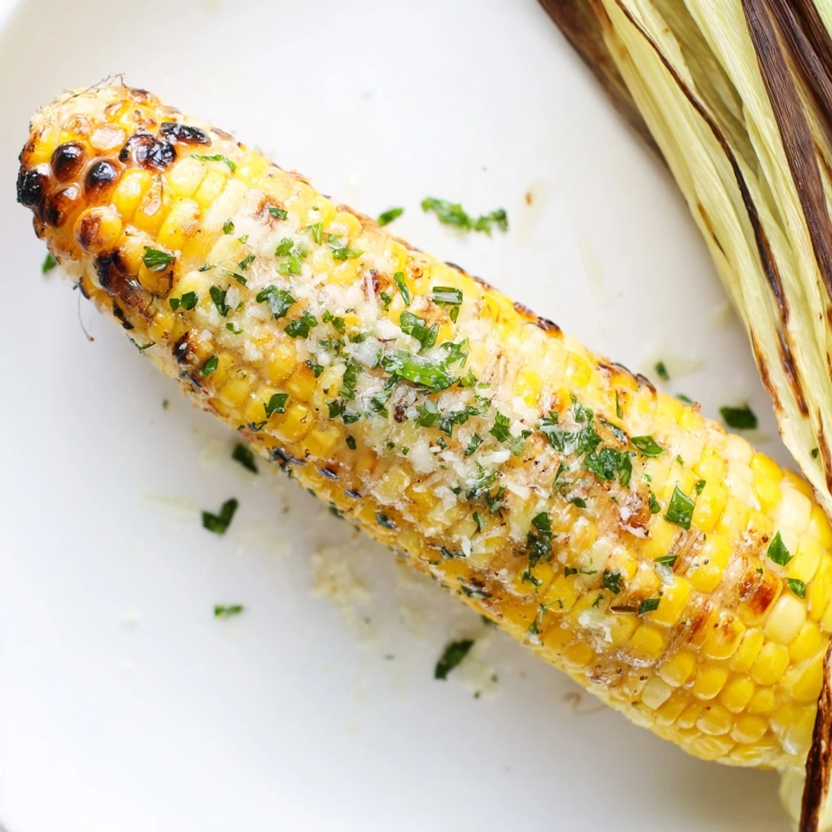 Summer Garlic Parmesan Corn On The Cob served hot with lemon wedge.