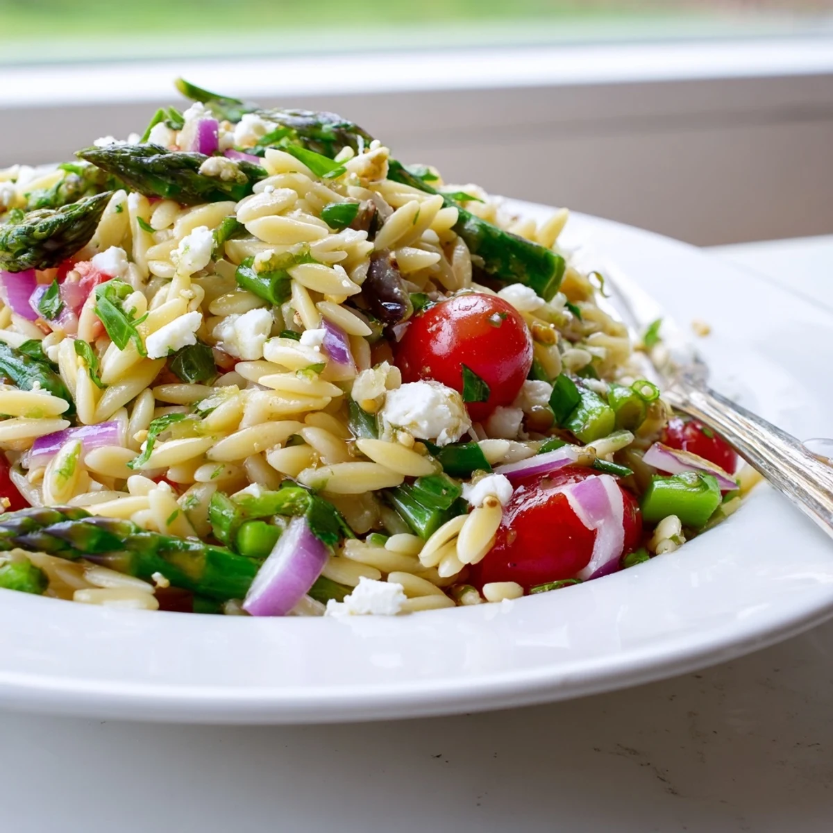 Asparagus Orzo Salad With Lemon Vinaigrette chilled, tossed with crumbled feta and parsley  