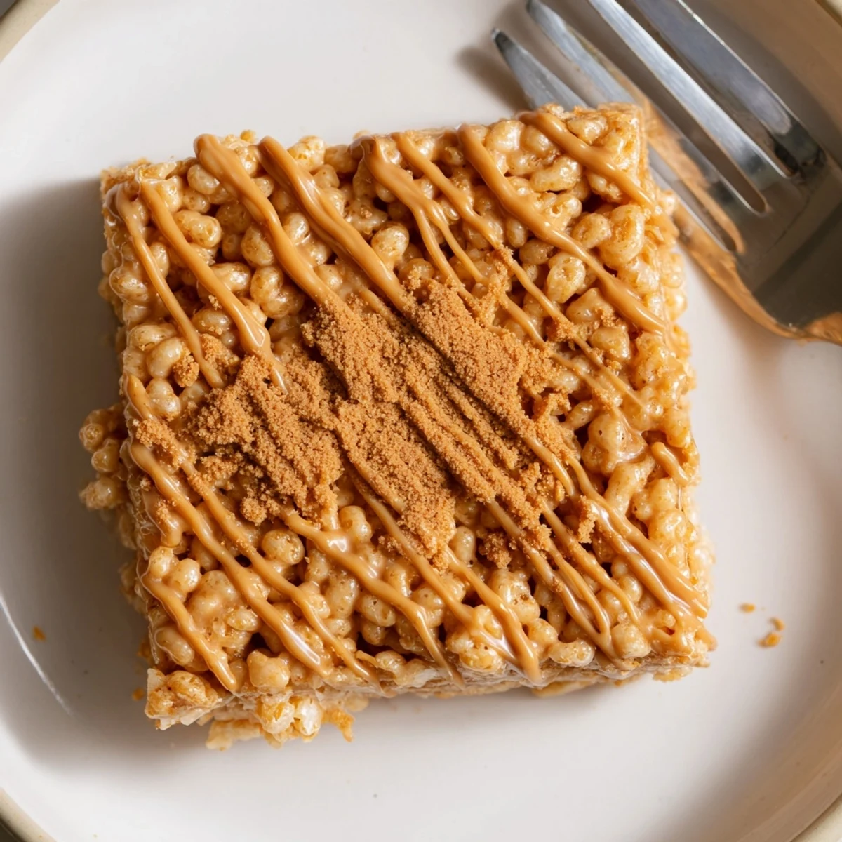 Biscoff Rice Krispie Treats with gooey marshmallow, caramel spread, crunchy cookie topping