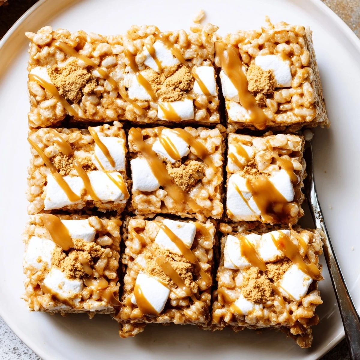 Freshly cut Biscoff Rice Krispie Treats cooling on parchment, ready for serving