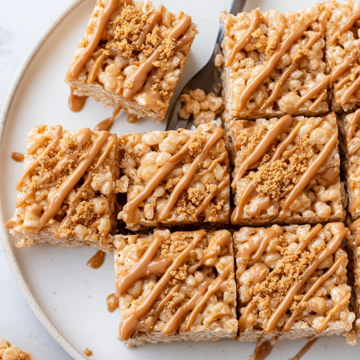 Sticky, buttery Biscoff Rice Krispie Treats drizzled with melted spread, paired with coffee