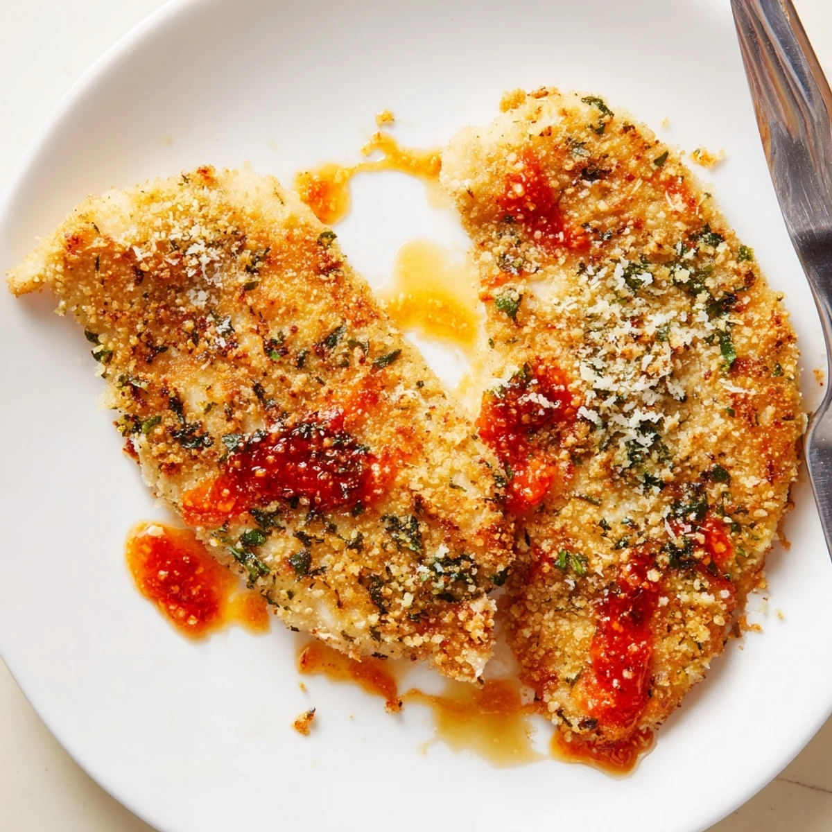 Sliced Parmesan Roasted Red Pepper Chicken topped with vibrant smoky sauce