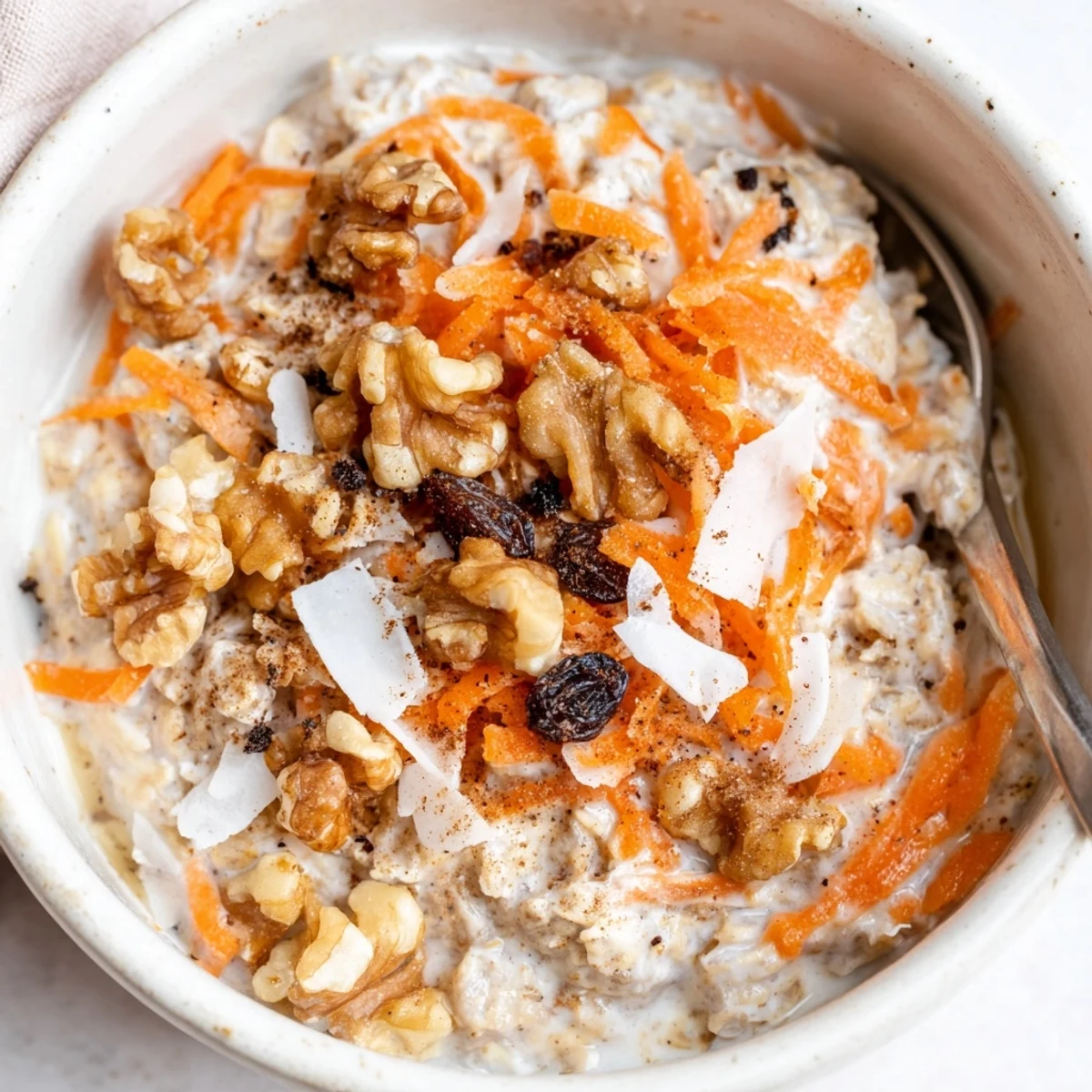 Chilled Carrot Cake Overnight Oats topped with walnuts, maple drizzle, cozy spices