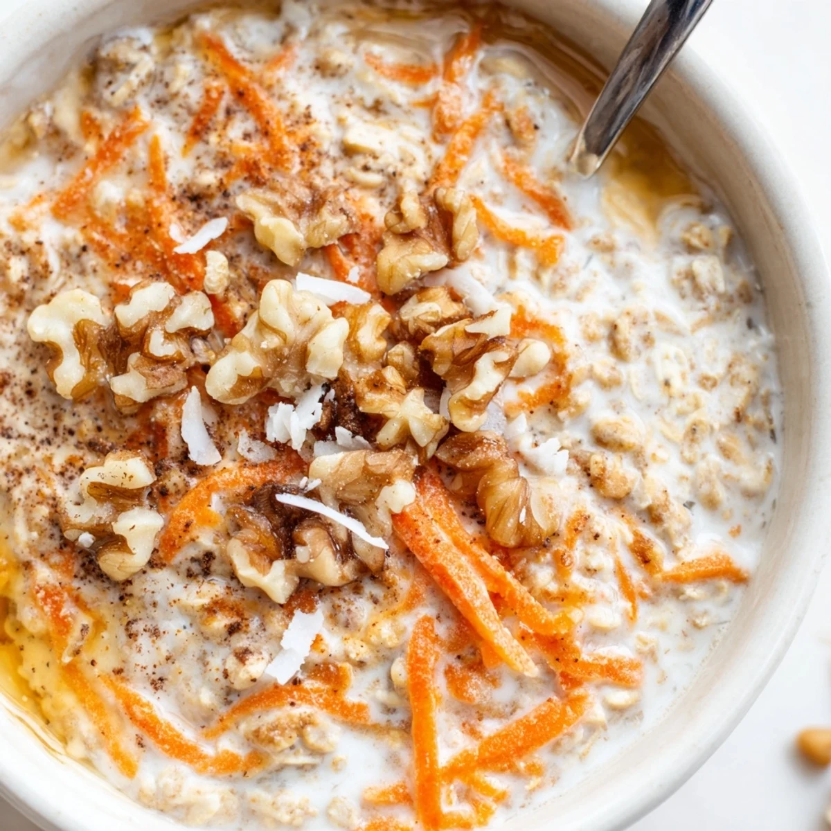 Carrot Cake Overnight Oats in creamy jar, grated carrot, warm cinnamon aroma