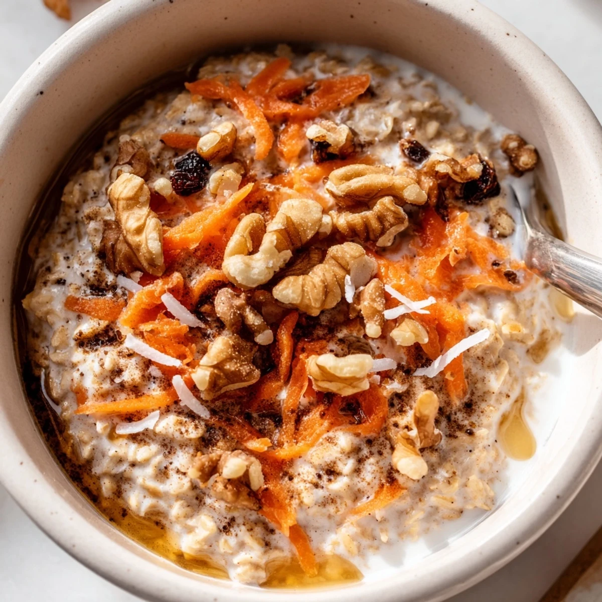 Hearty Carrot Cake Overnight Oats ready to spoon, studded with raisins, coconut