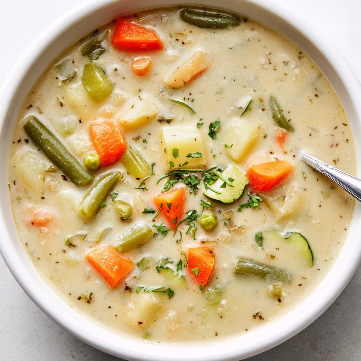 Warm Creamy Vegetable Soup Recipe steaming, bright veggies and crusty bread nearby