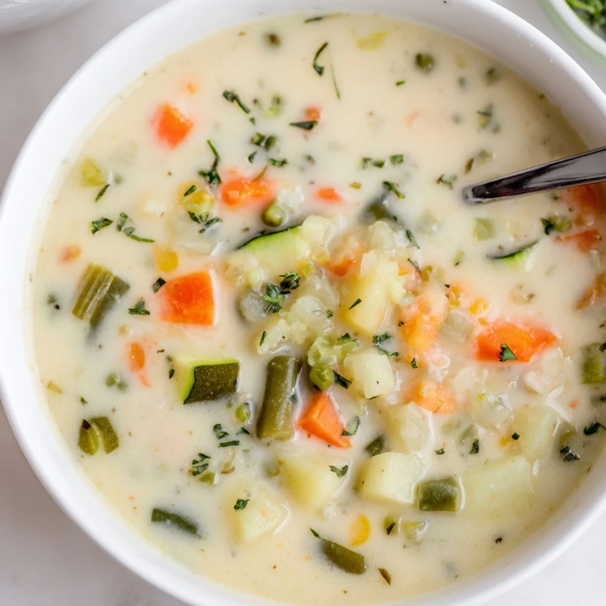Hearty Creamy Vegetable Soup Recipe blended smooth, fragrant herbs, ladled into bowls