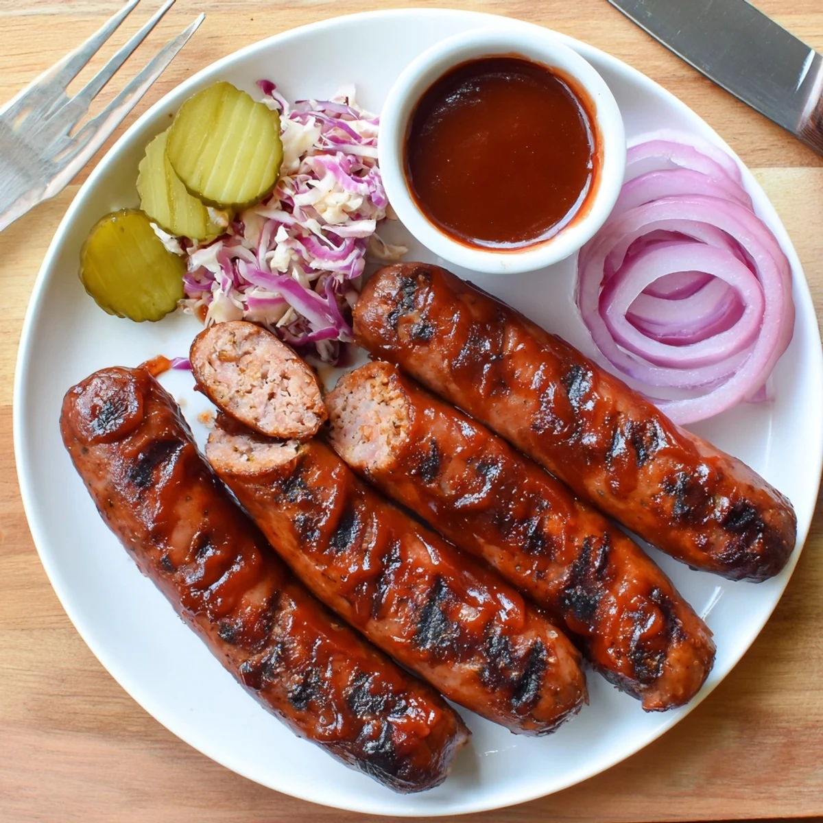 BBQ Sausage Recipe: glistening caramelized links on the grill, brushed tangy sauce