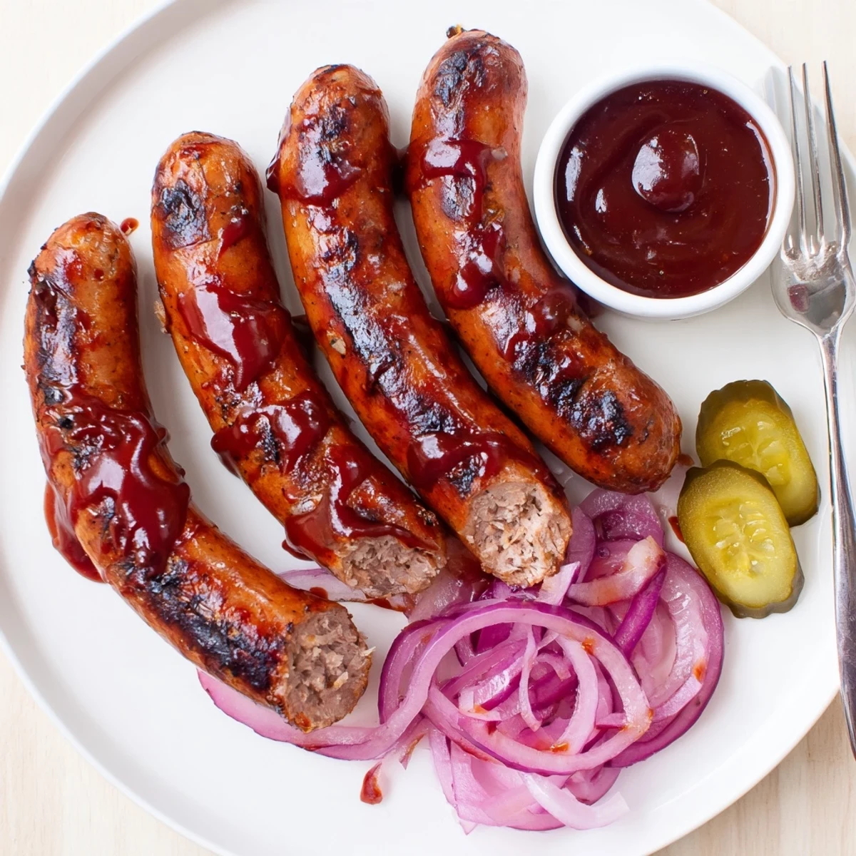 Smoky BBQ Sausage Recipe served in warm buns with crisp pickles