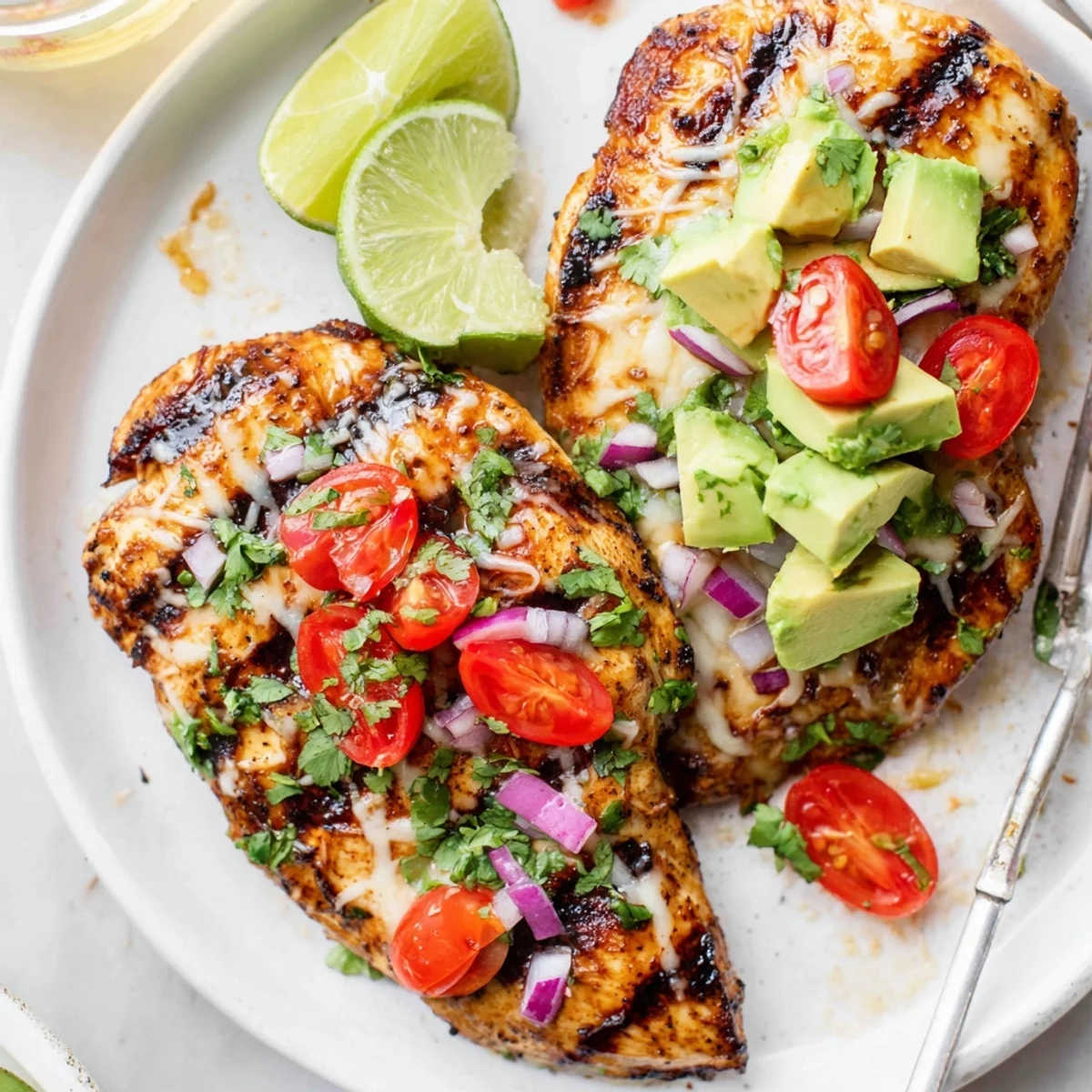 Grilled Fiesta Lime Chicken With Avocado resting under zesty tomato-cilantro salsa